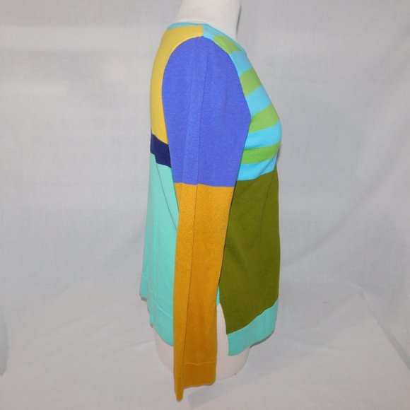Isaac Mizrahi Womens M Colour Block Light Knit Sweater Top Blue Green Yellow - Picture 7 of 9